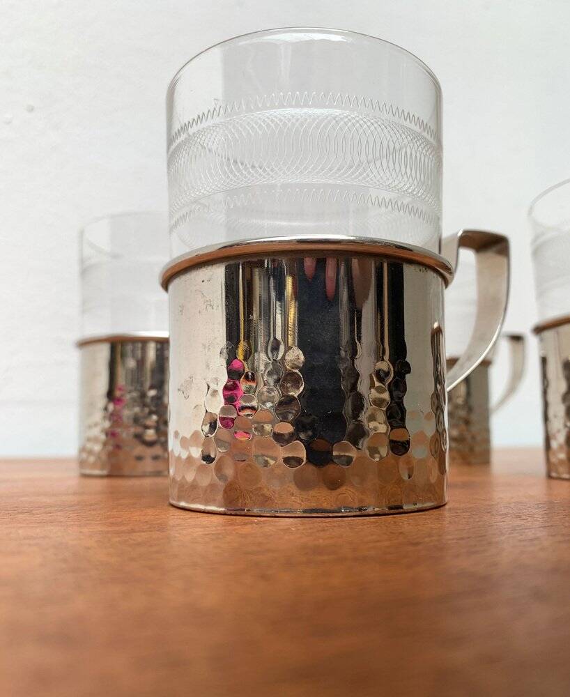 Vintage tea glasses RDA from East Germany by MUQ, Metallwarenfabrik Union Quedlinburg, set of 4.