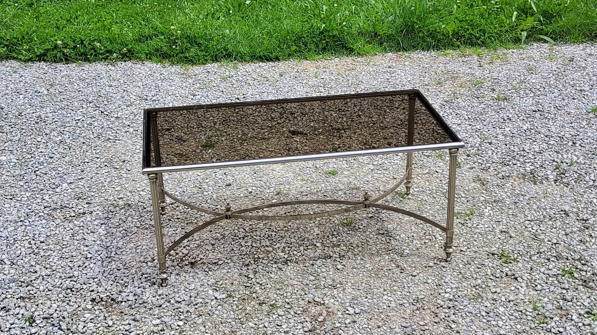 Chrome metal coffee table with smoked glass top in neoclassical style, 1970s.