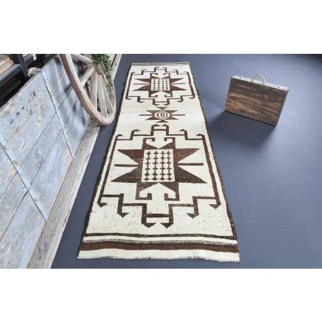 Vintage Turkish Oushak handmade wool cotton white runner rug 100x350