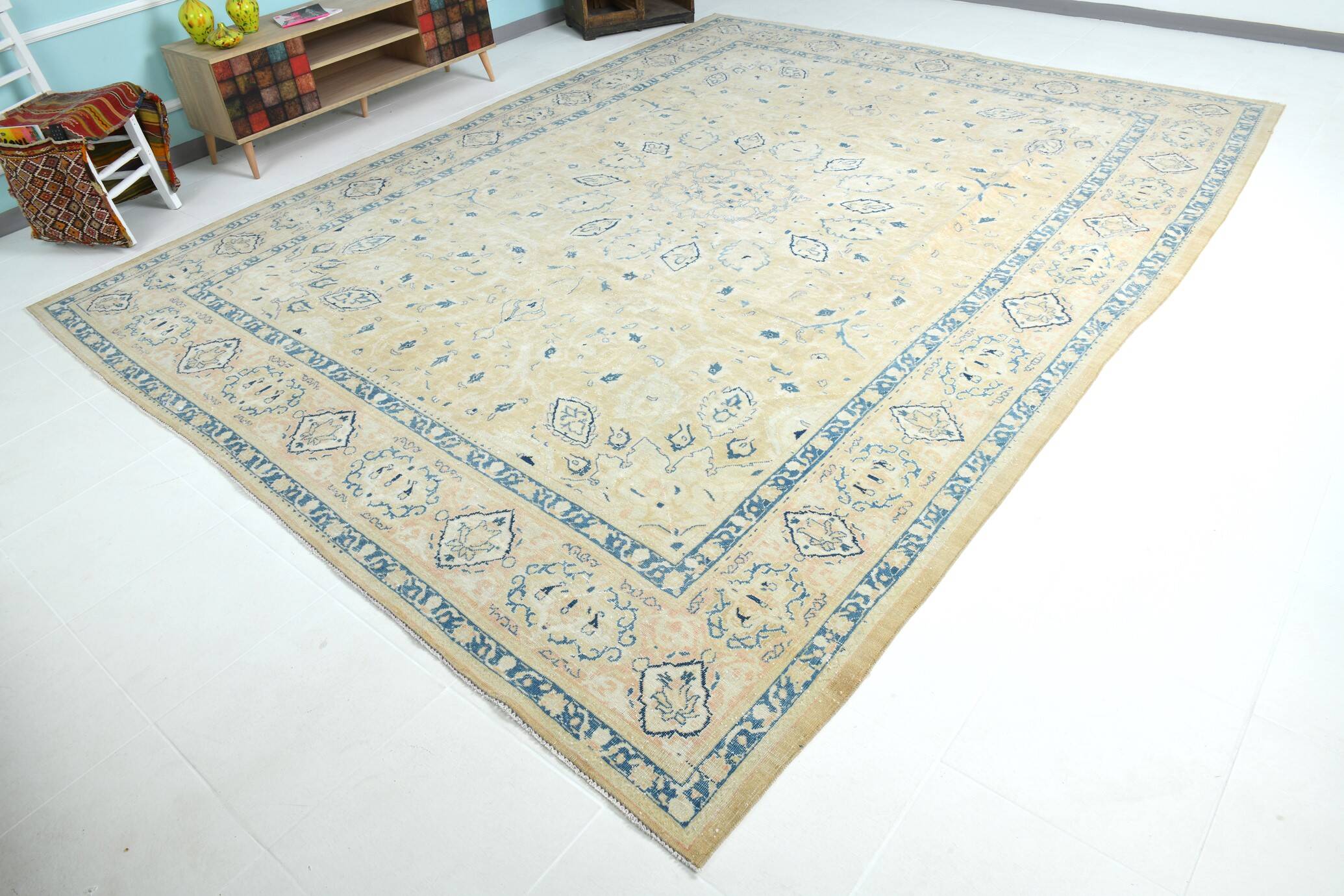 10x13 Blue & Peach Floral Antique 55s Persian Rug, 301x388Cm