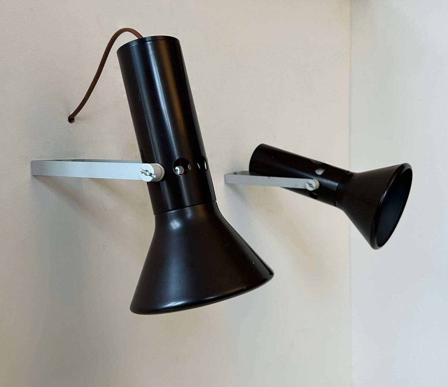 Pair of vintage adjustable wall lights, brown metal, France 1970