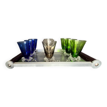 Service of 9 colored liqueur glasses