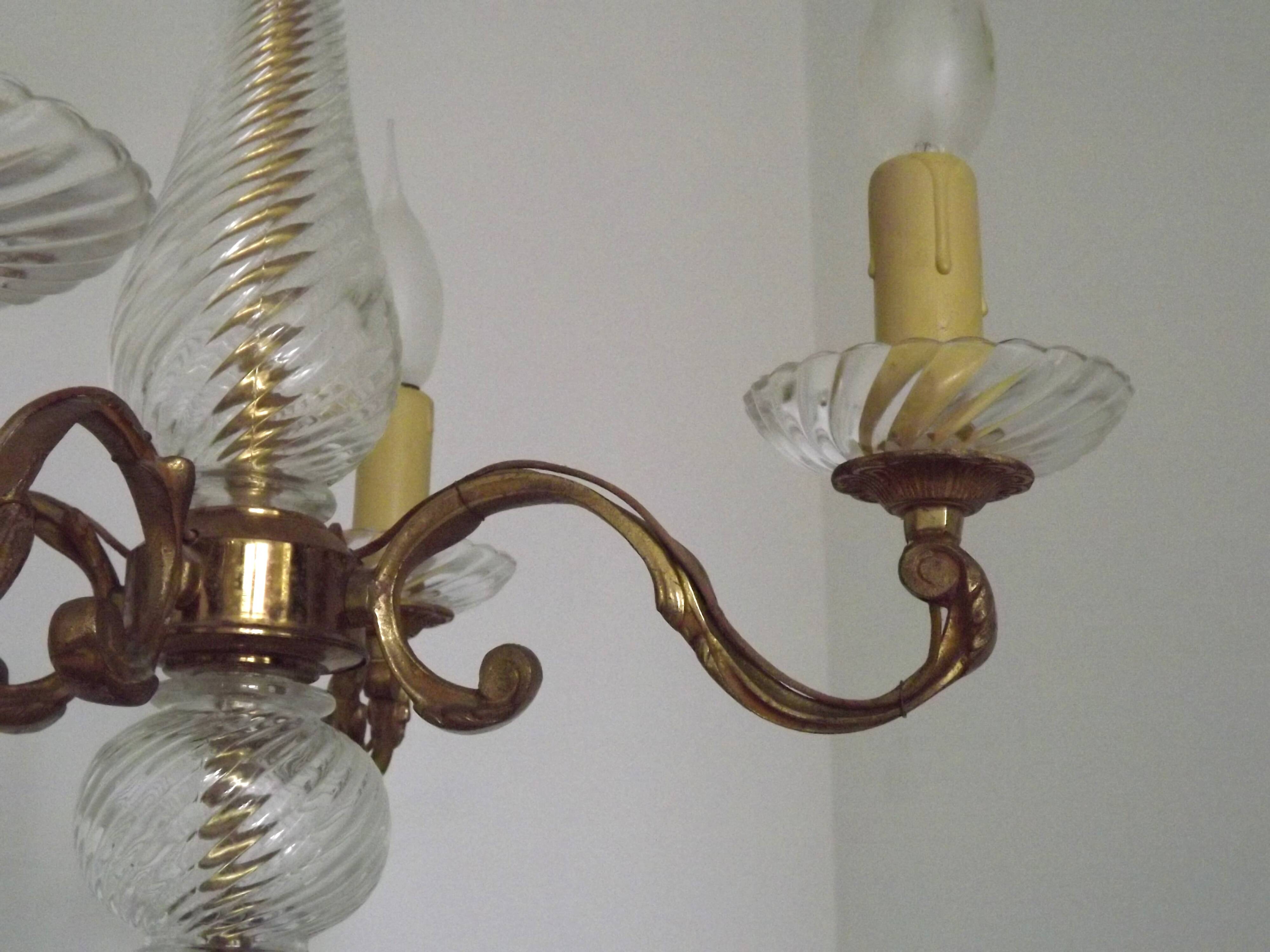 Mid-Century Bronze & Cut Glass 4-Light Chandelier with Fleur-de-Lys Detail