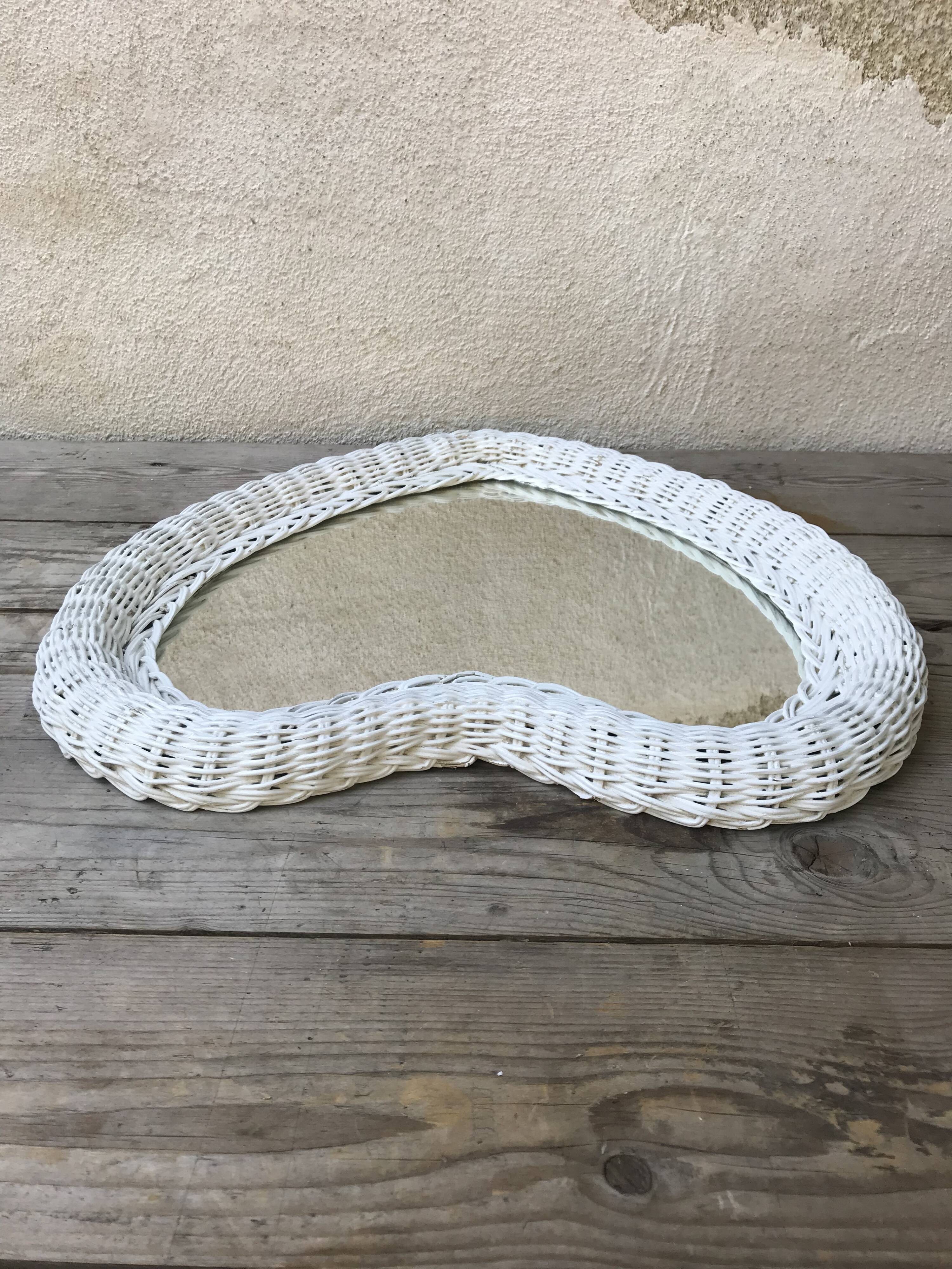 Vintage 60s white rattan mirror 46x46cm