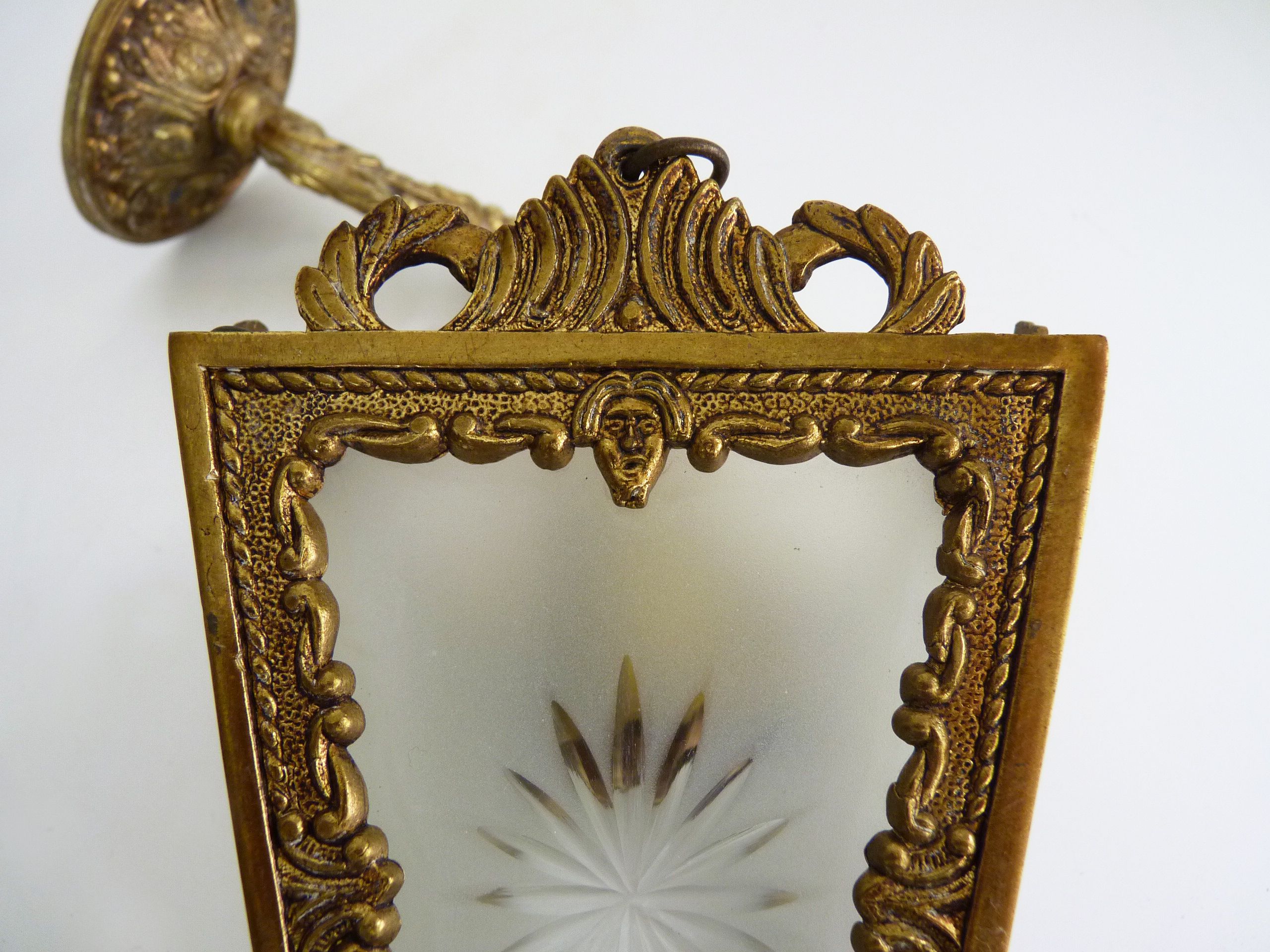 Bronze lantern wall sconce with 4 sides engraved glass