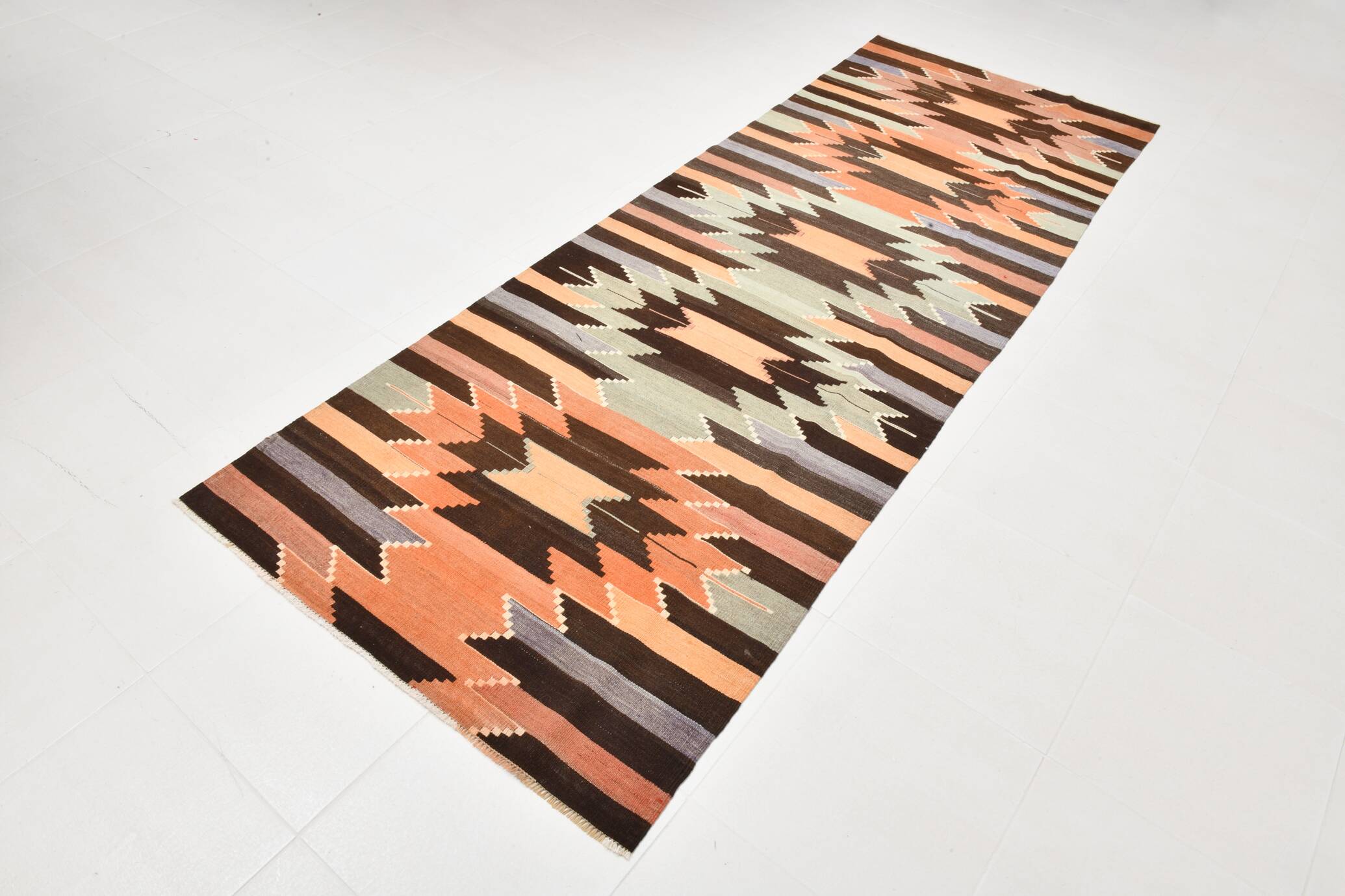 3x10 Orange  Brown Geometric Kilim Runner Rug, Handmade Wool Rug, 108x297Cm