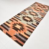 3x10 Orange  Brown Geometric Kilim Runner Rug, Handmade Wool Rug, 108x297Cm