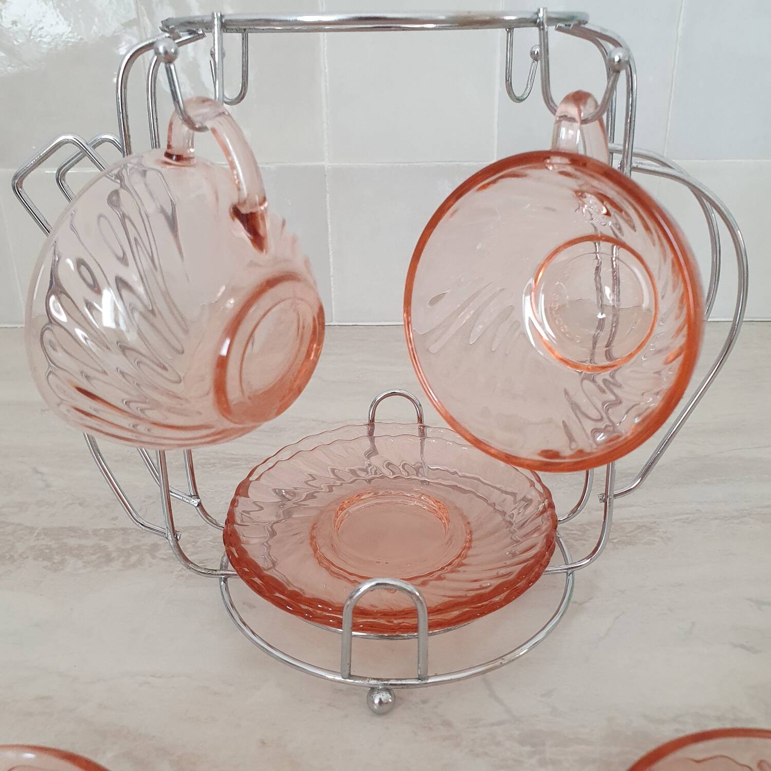 Rosaline cups and saucers by Arcoroc with metal stand