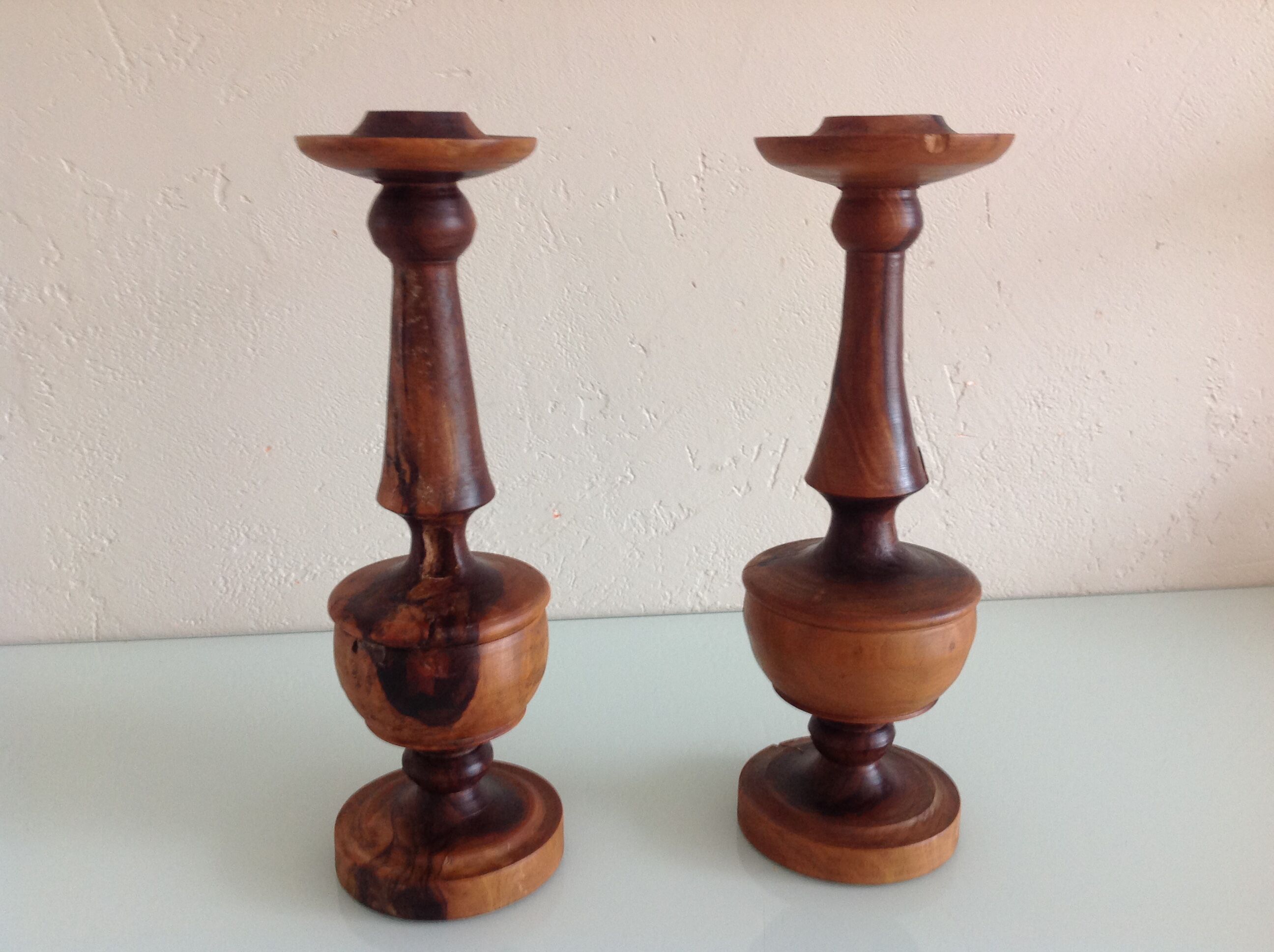 Pair of raw wood candlesticks