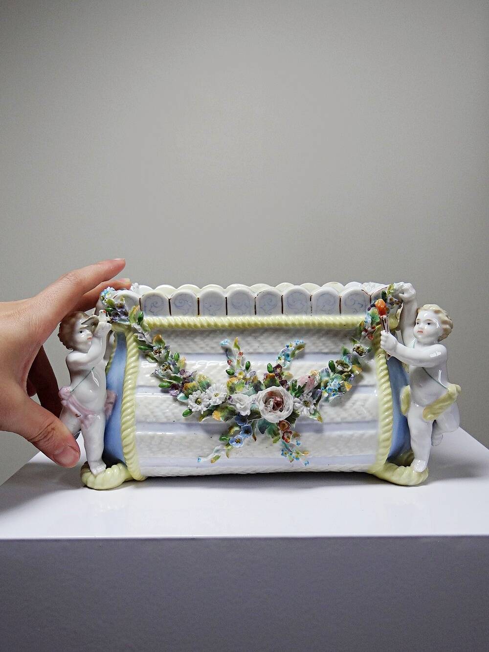 Small antique German porcelain planter Putti 19th century Meissen style