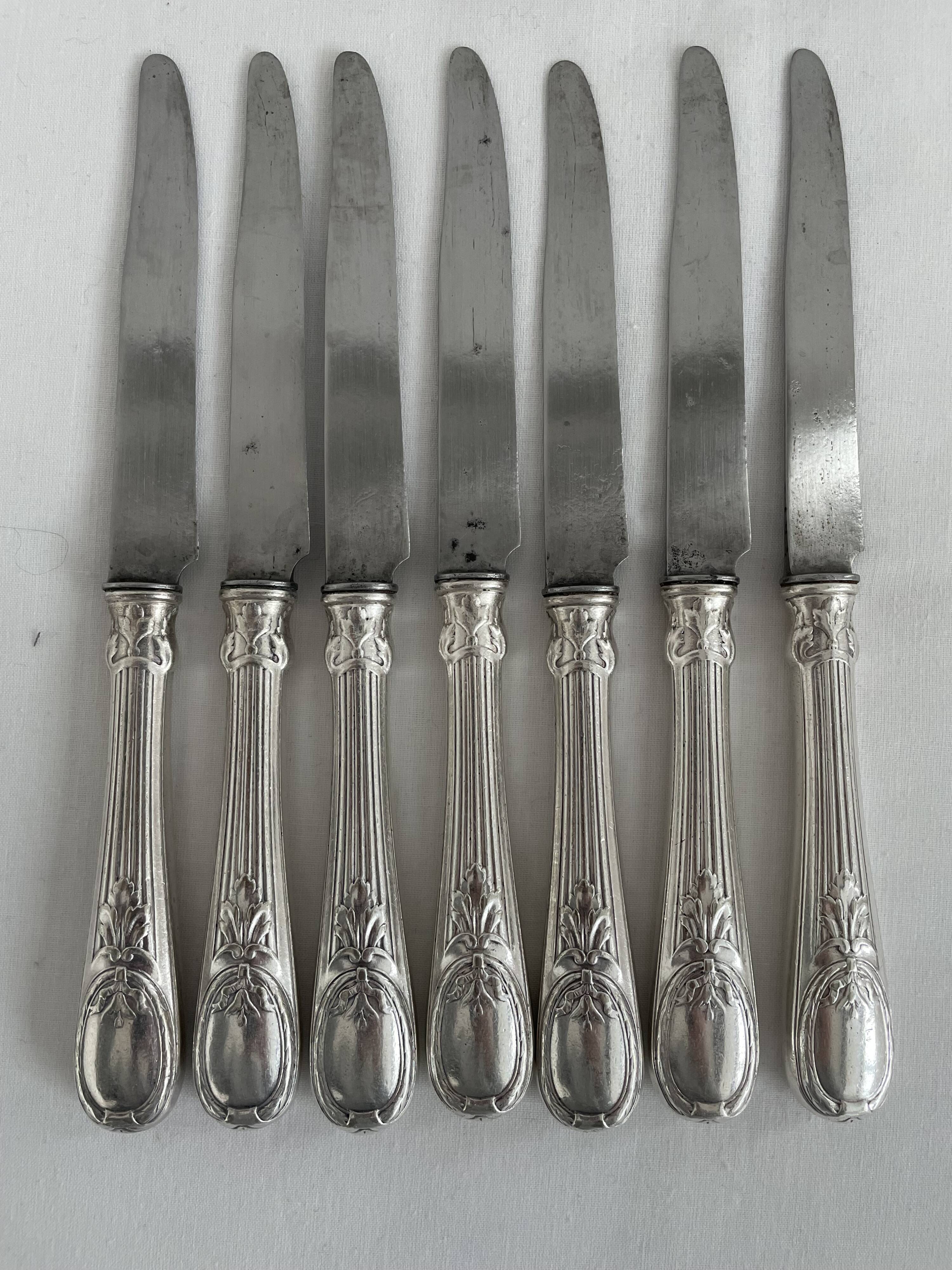 Knife set, Charles Christofle, silver plated metal, Art Nouveau, plant decoration, cheese, large