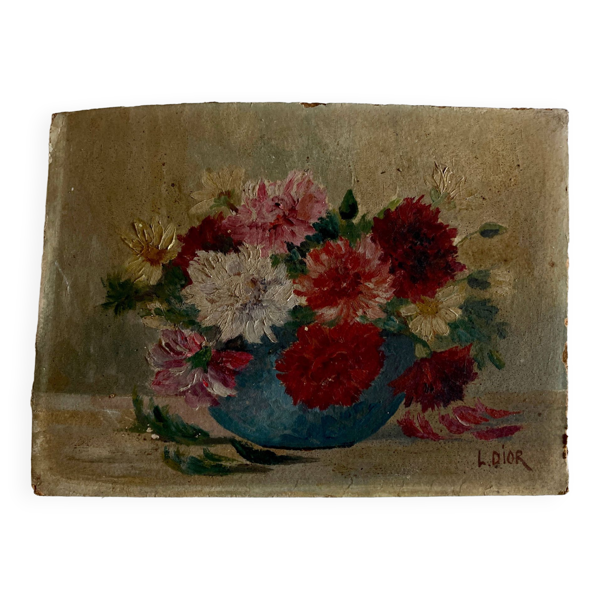 Oil on cardboard signed Dior dahlias 1950