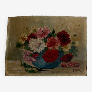 Huile sur carton signée Dior dahlias 1950