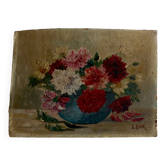 Huile sur carton signée Dior dahlias 1950