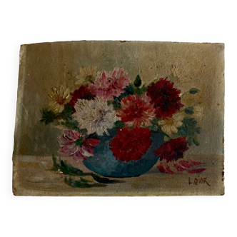 Huile sur carton signée Dior dahlias 1950