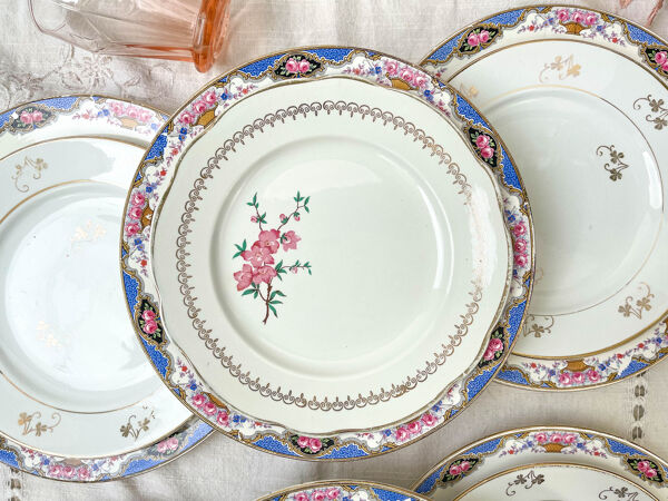 Set de 6 assiettes porcelaine et 6 petites assiettes dépareillées vintage ~ Service de table 6 personnes ~