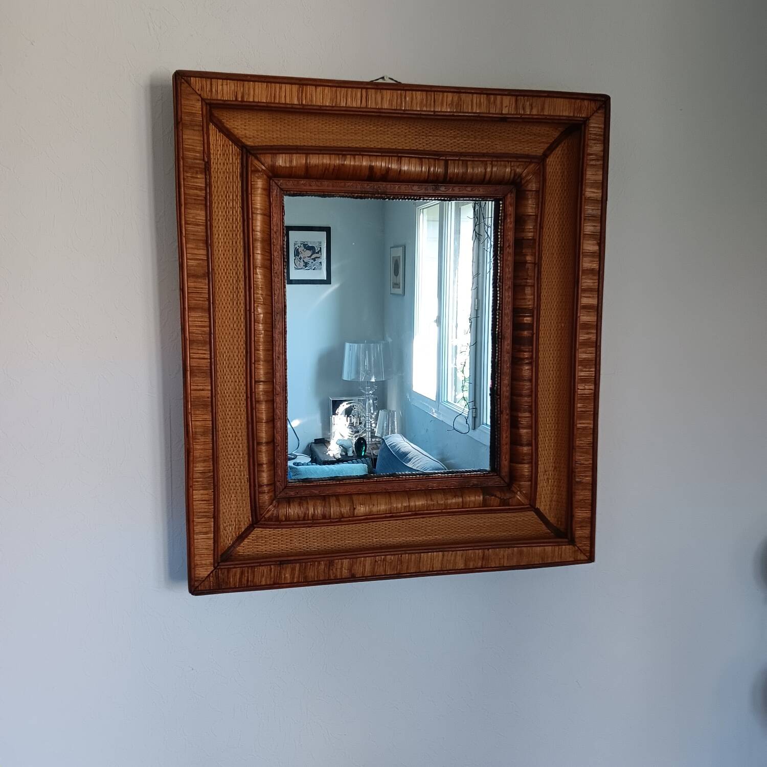 Wall mirror in rattan, wicker and wood