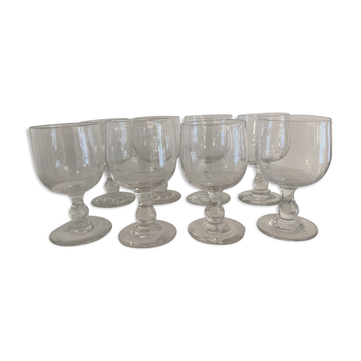 8 old red wine glasses with blown and bubbled glass walk
