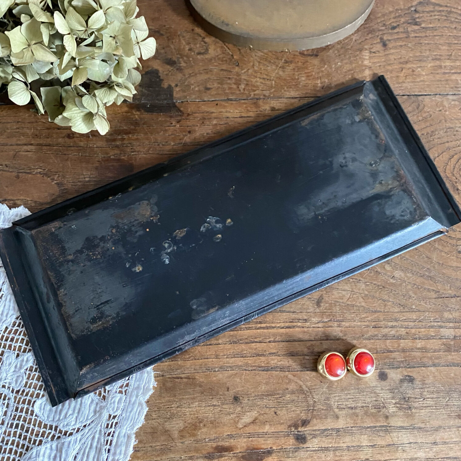 Antique metal tray with painted flowers