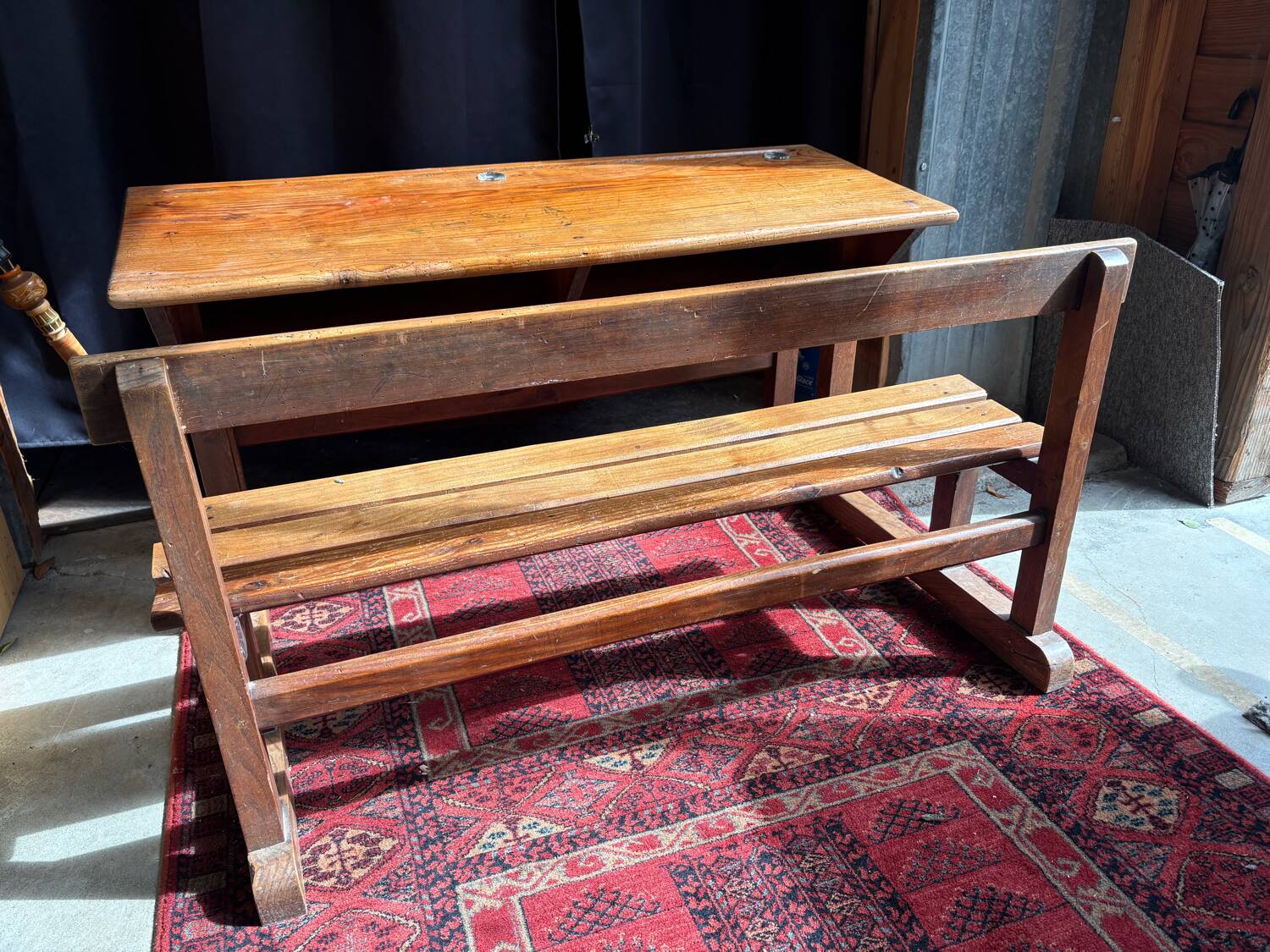 Wooden school desk with integrated bench, France, 1950s