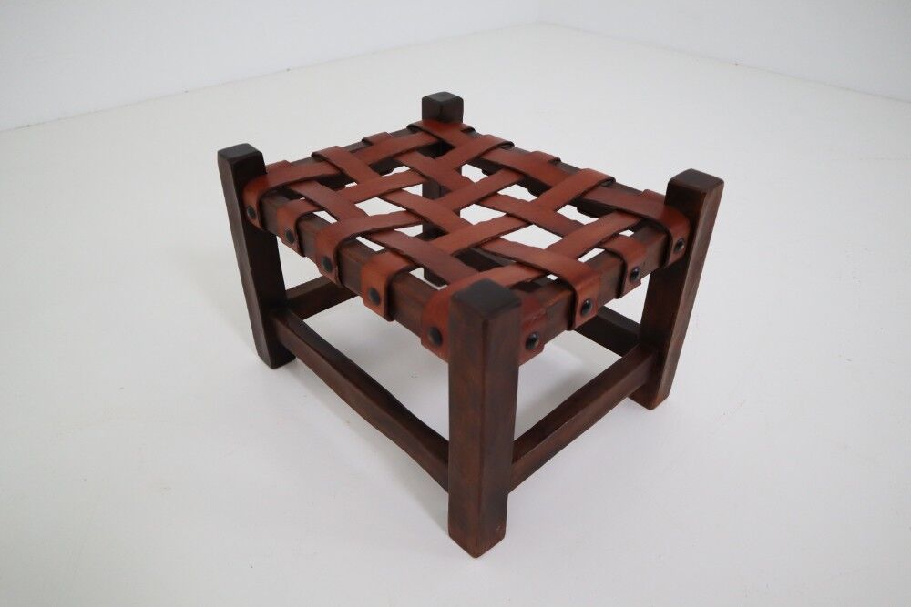 Wooden Brazilian Brutalist Leather Foot Stool Pouf
