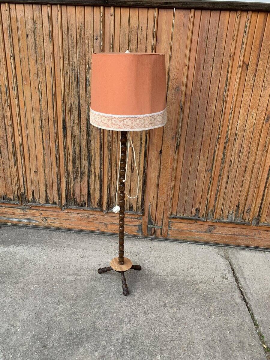 Mid-century coral and wood floor lamp - coral fabric shade from the 1950s.