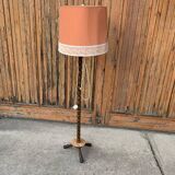 Mid-century coral and wood floor lamp - coral fabric shade from the 1950s.