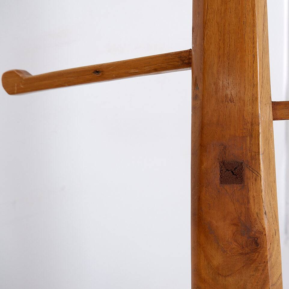 Vintage Brutalist wooden standing coat rack