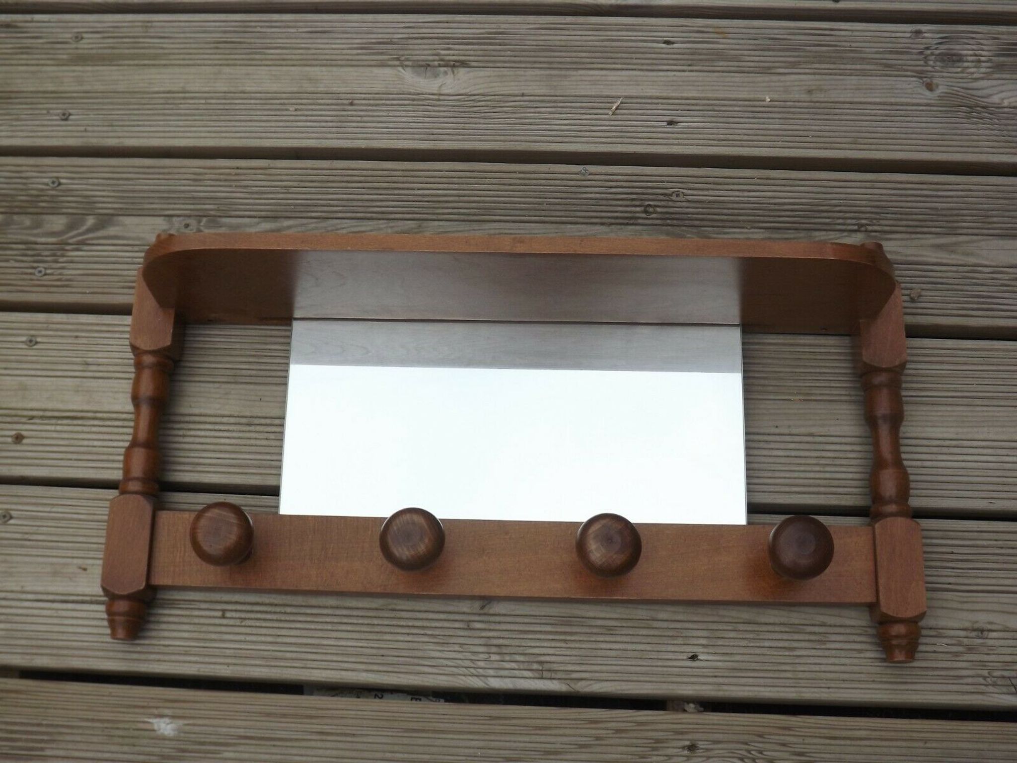 Vintage wooden wall coat rack with mirror and hooks, French, 3529