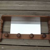 Vintage wooden wall coat rack with mirror and hooks, French, 3529