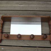 Vintage wooden wall coat rack with mirror and hooks, French, 3529