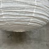 Medium pendant light in rattan and natural linen, Japanese-style, flattened round (Labu) H35 D60