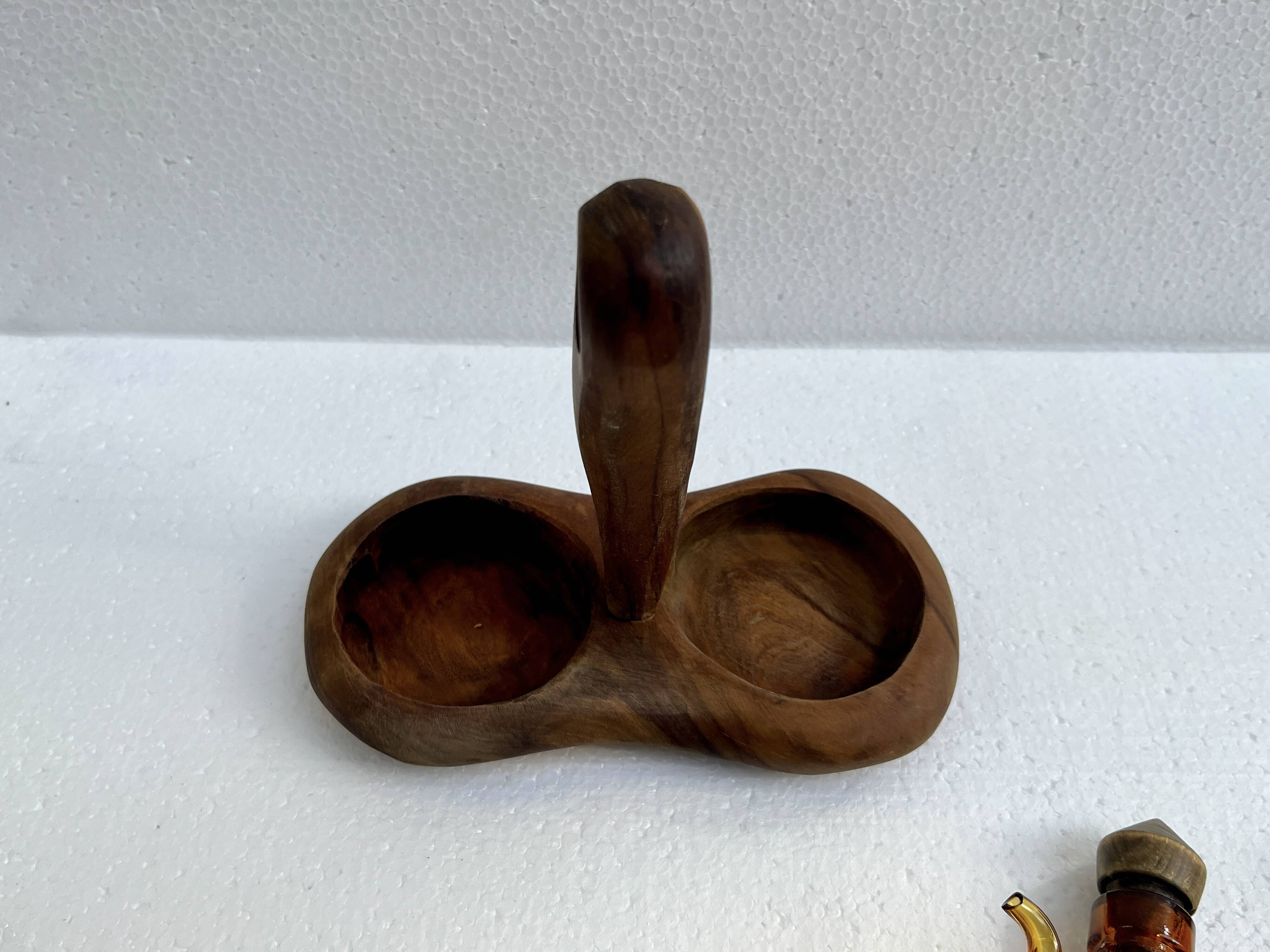 Oil and vinegar server amber glass and olive wood