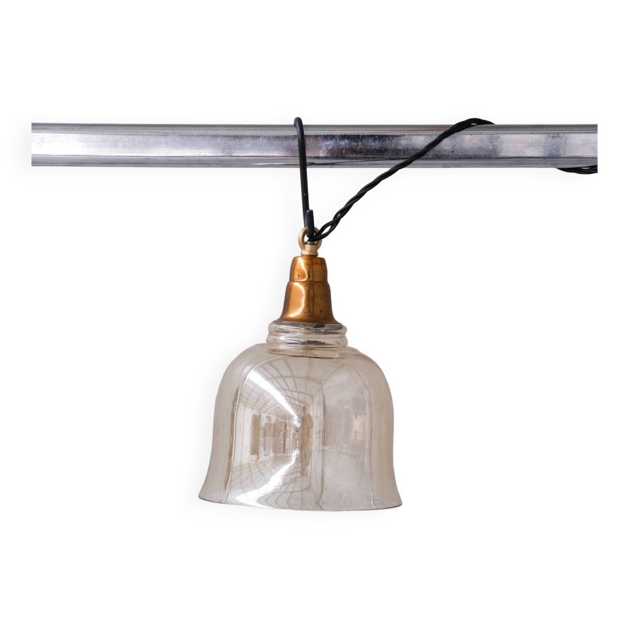 Smoked Mid-century Brass and Glass Bell Pendant (5 available)