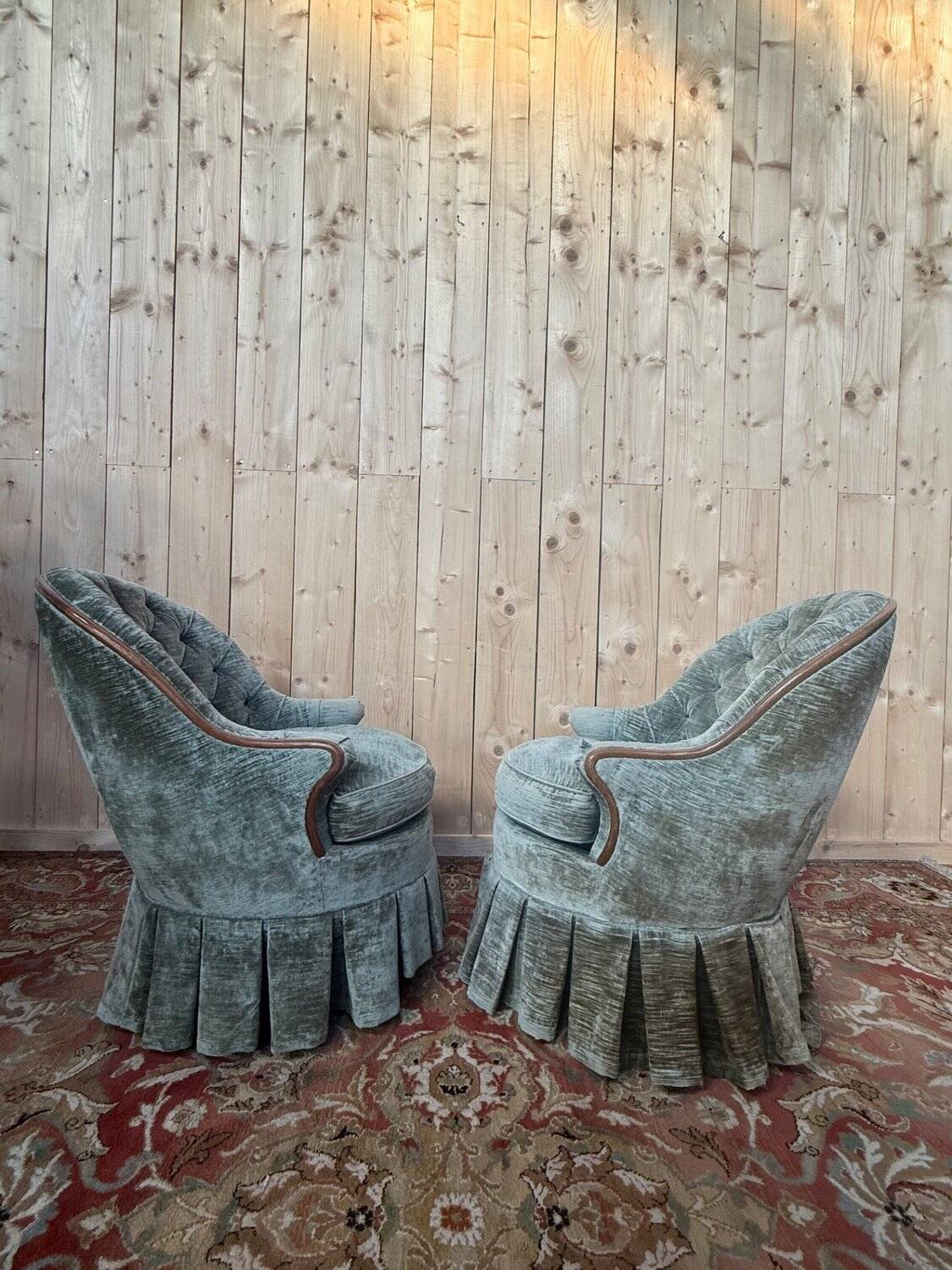 Pair of Napoleon III frog armchairs in grey-blue velvet