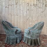 Pair of Napoleon III frog armchairs in grey-blue velvet