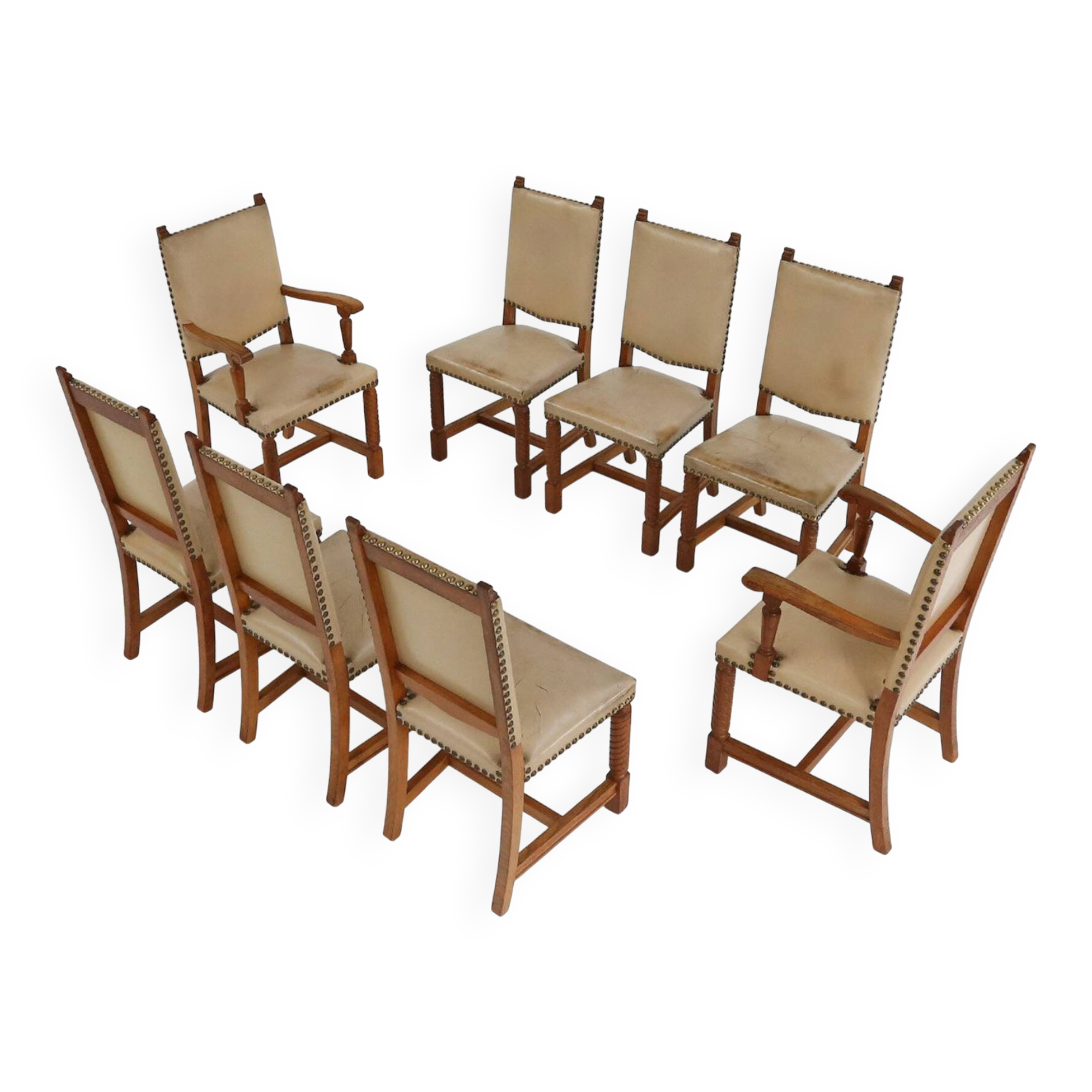 Art Deco Dining Room Chairs in Oak and Leather, 1940s, Set of 8