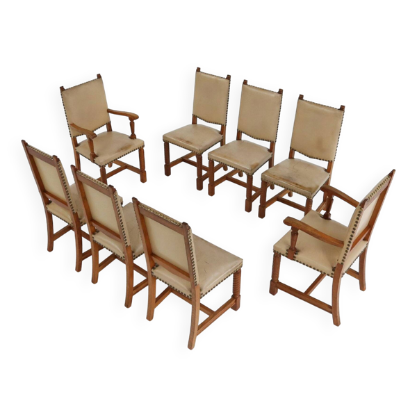 Chaises de salle à manger Art déco en chêne et cuir, années 1940, lot de 8