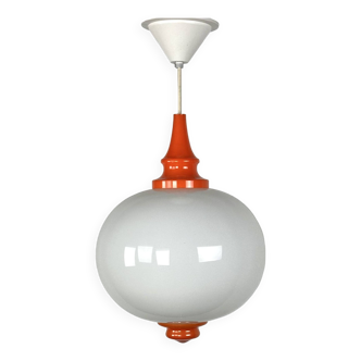 Space age hanging lamp with milk glass sphere