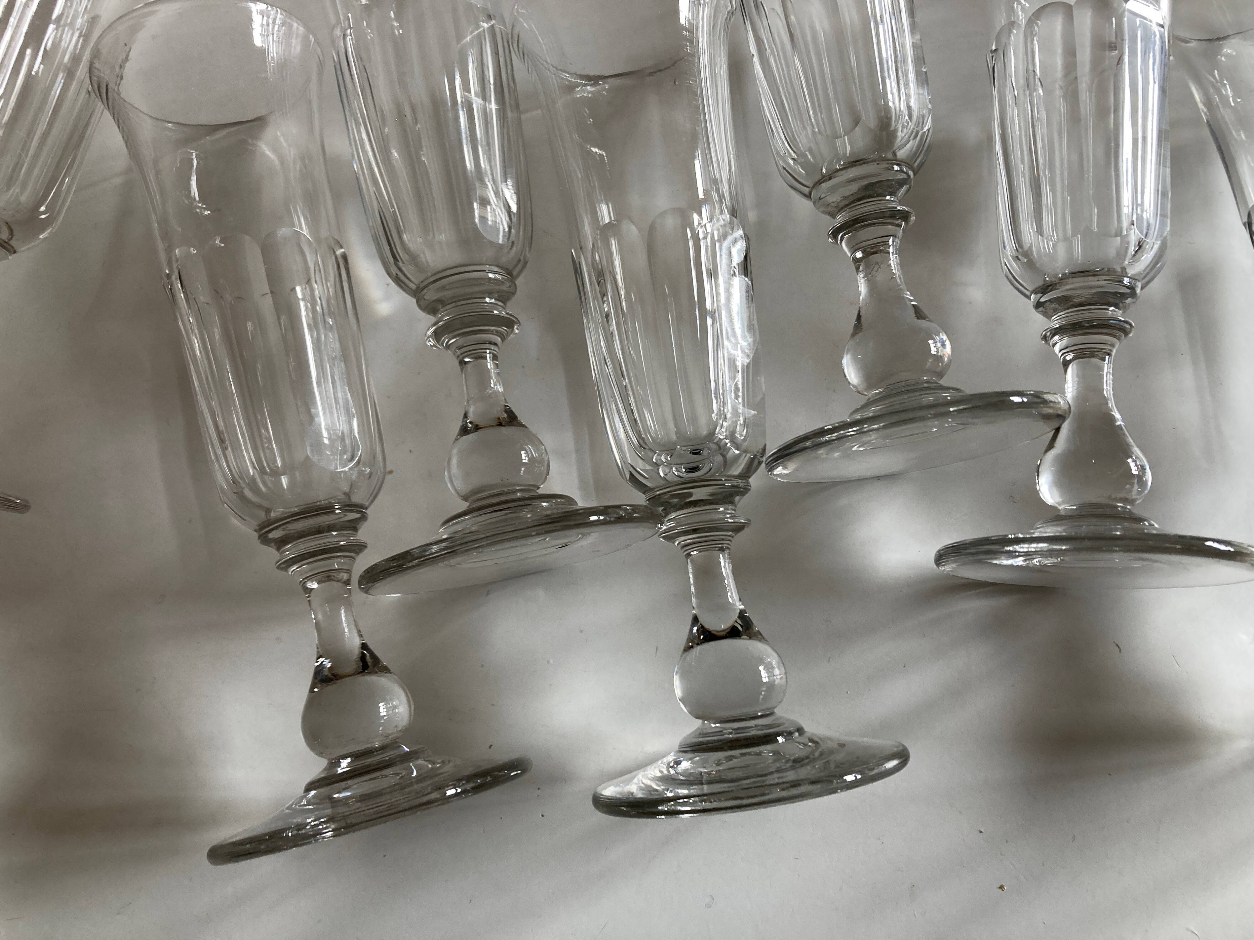 Set of 9 Louis Philippe tulip champagne flutes with flat sides mid 19th
