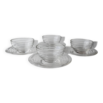 4x Transparent Glass Cups and Saucers with Grooved Embossing – Art Deco Italy 1960s, Elegant Tea Glassware Set