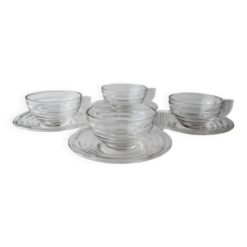 4x Transparent Glass Cups and Saucers with Grooved Embossing – Art Deco Italy 1960s, Elegant Tea Glassware Set