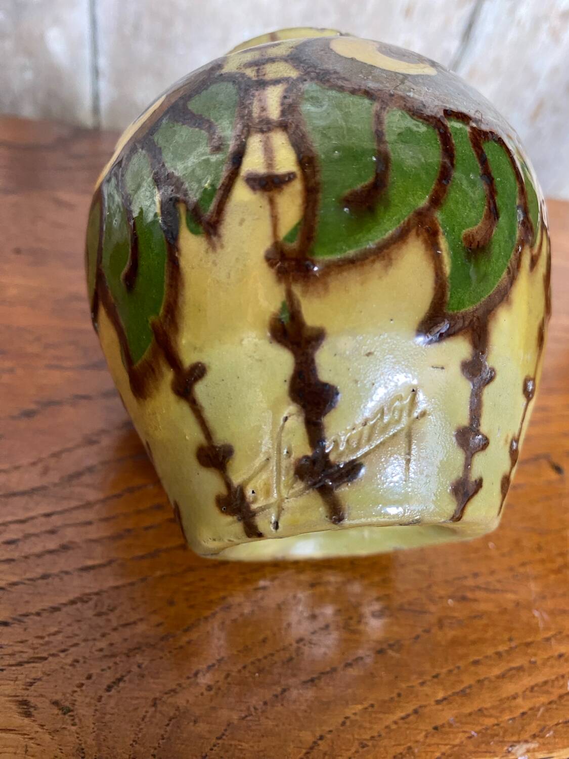 Antique yellow enameled terracotta vase painted decor made in france vintage