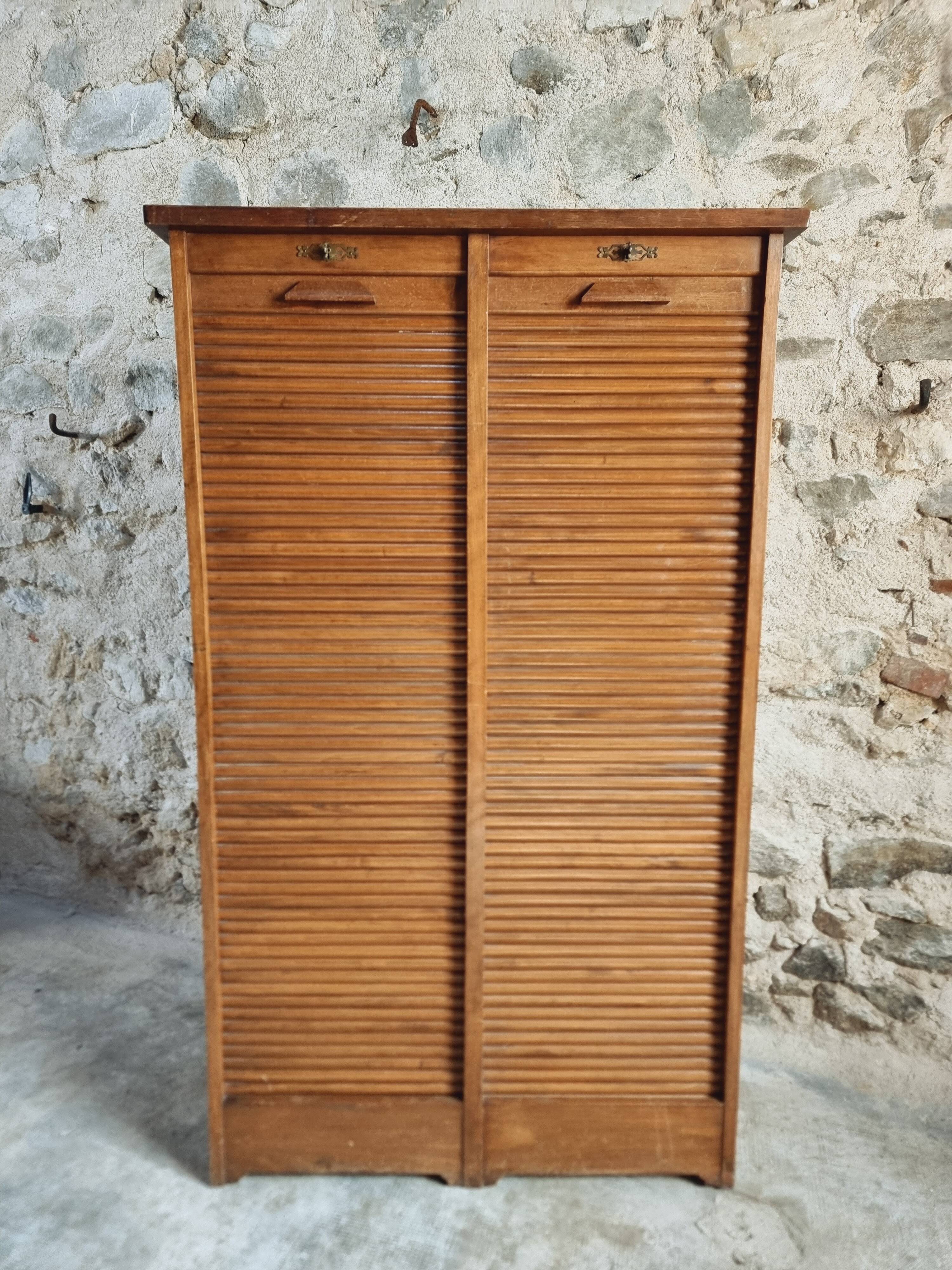 Antique filing cabinet with curtains – 1920s/30s – Beech