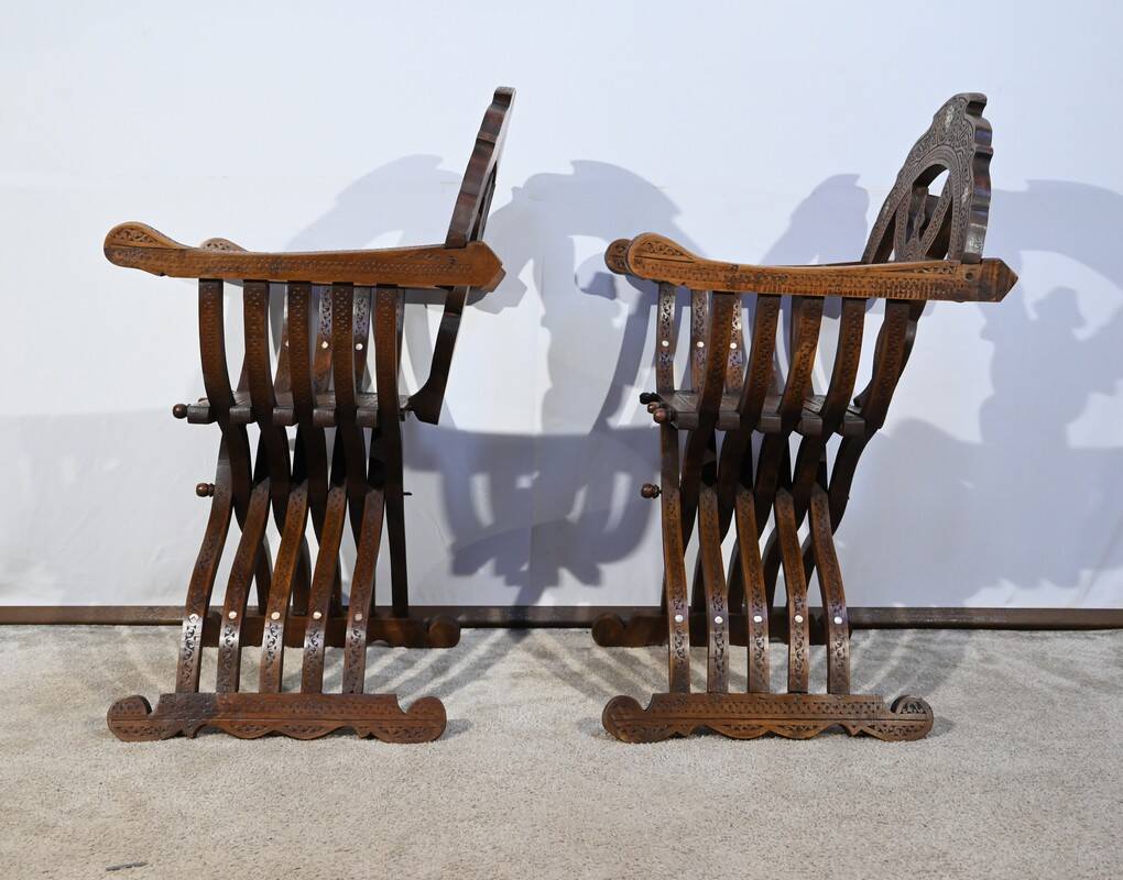 Pair of Savonarola Syrian Walnut Armchairs – Late 19th Century