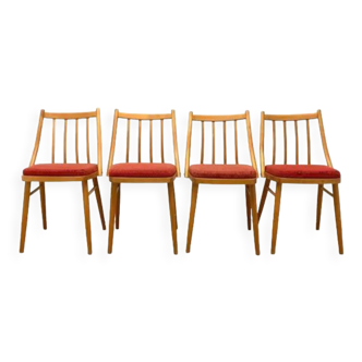 Set 4 chaises hêtre & tissu rouge Antonin Šuman, vintage tchèque 1970s