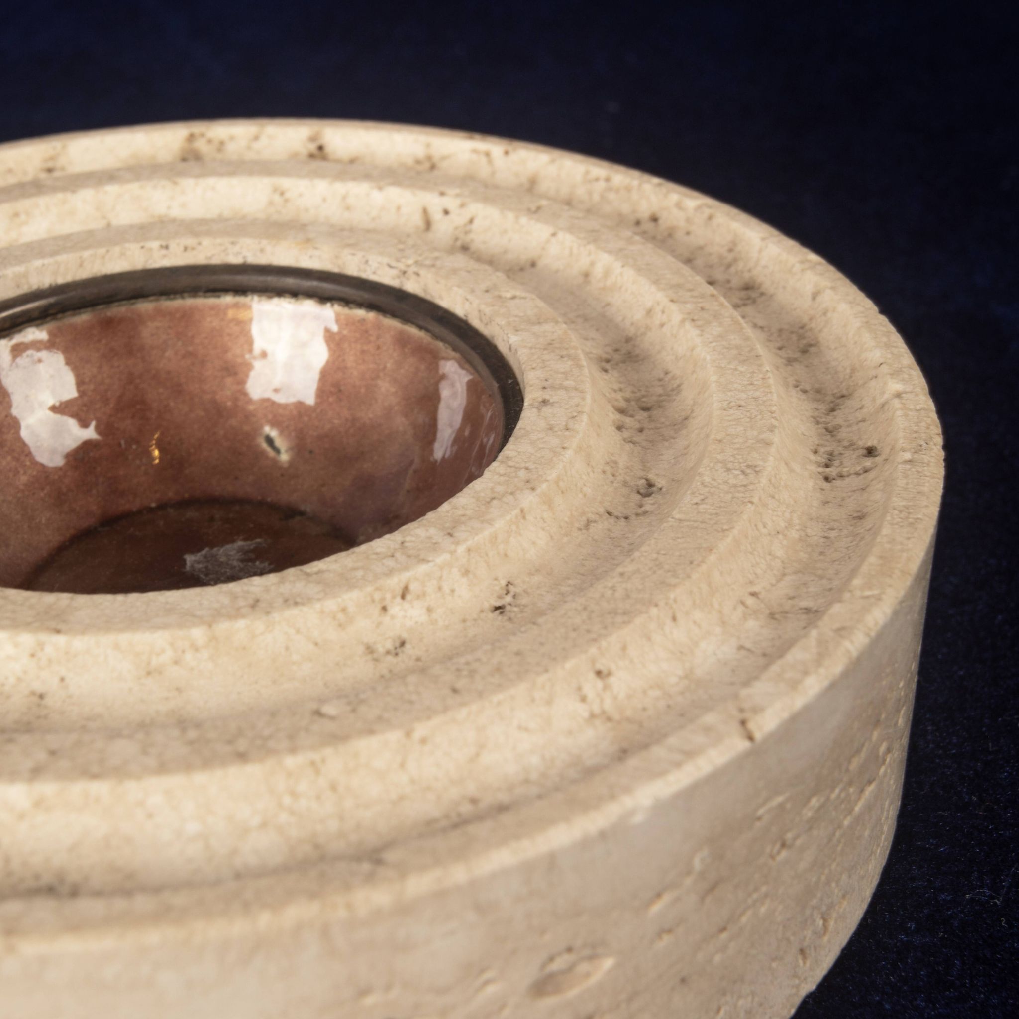 Italian Round Travertine and Copper-Toned Metal Ashtray, 1970
