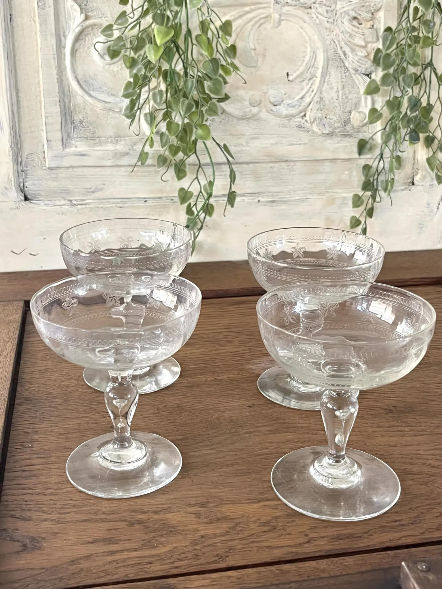 Champagne coupes etched set of 4
