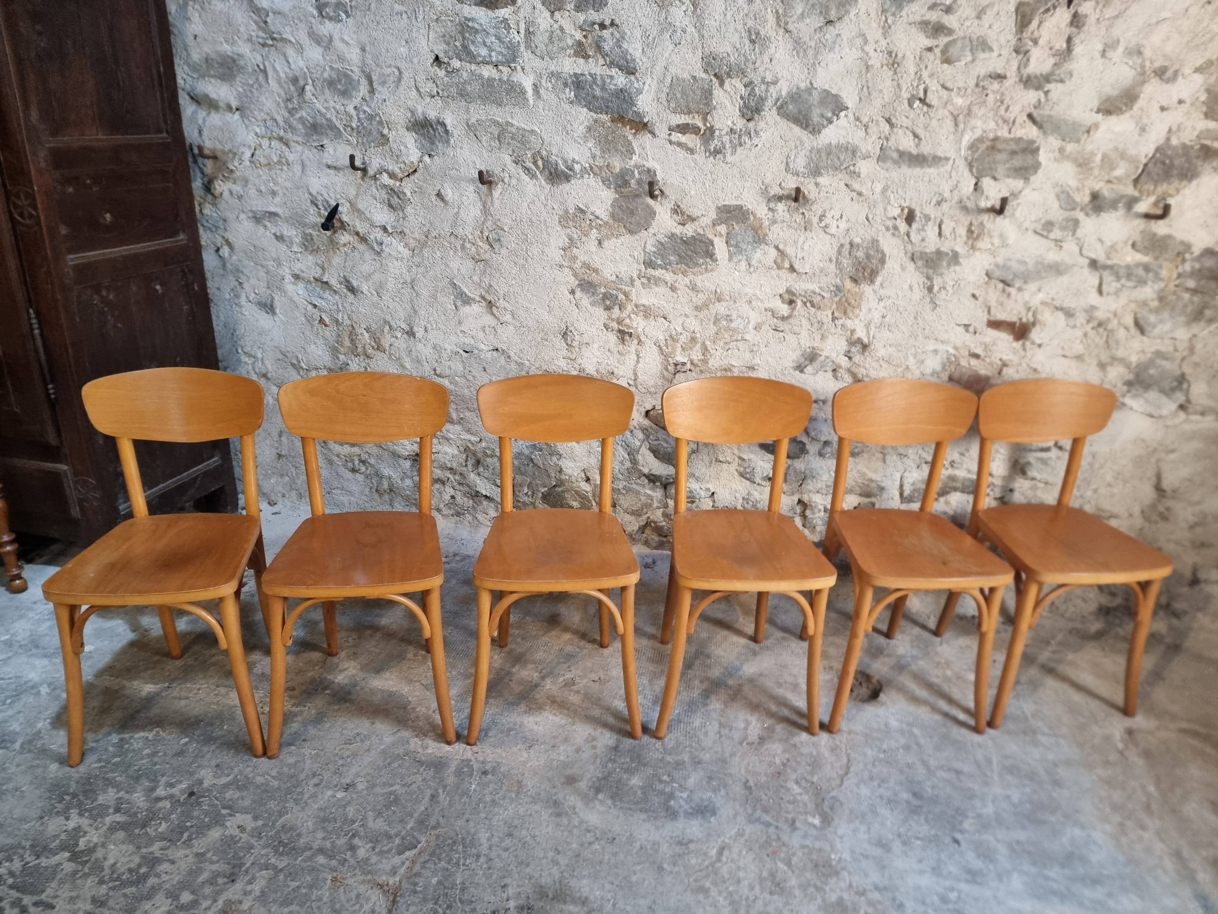 Ensemble de 6 chaises bistrot françaises vintage en bois courbé par Luterma, vers 1950–1970