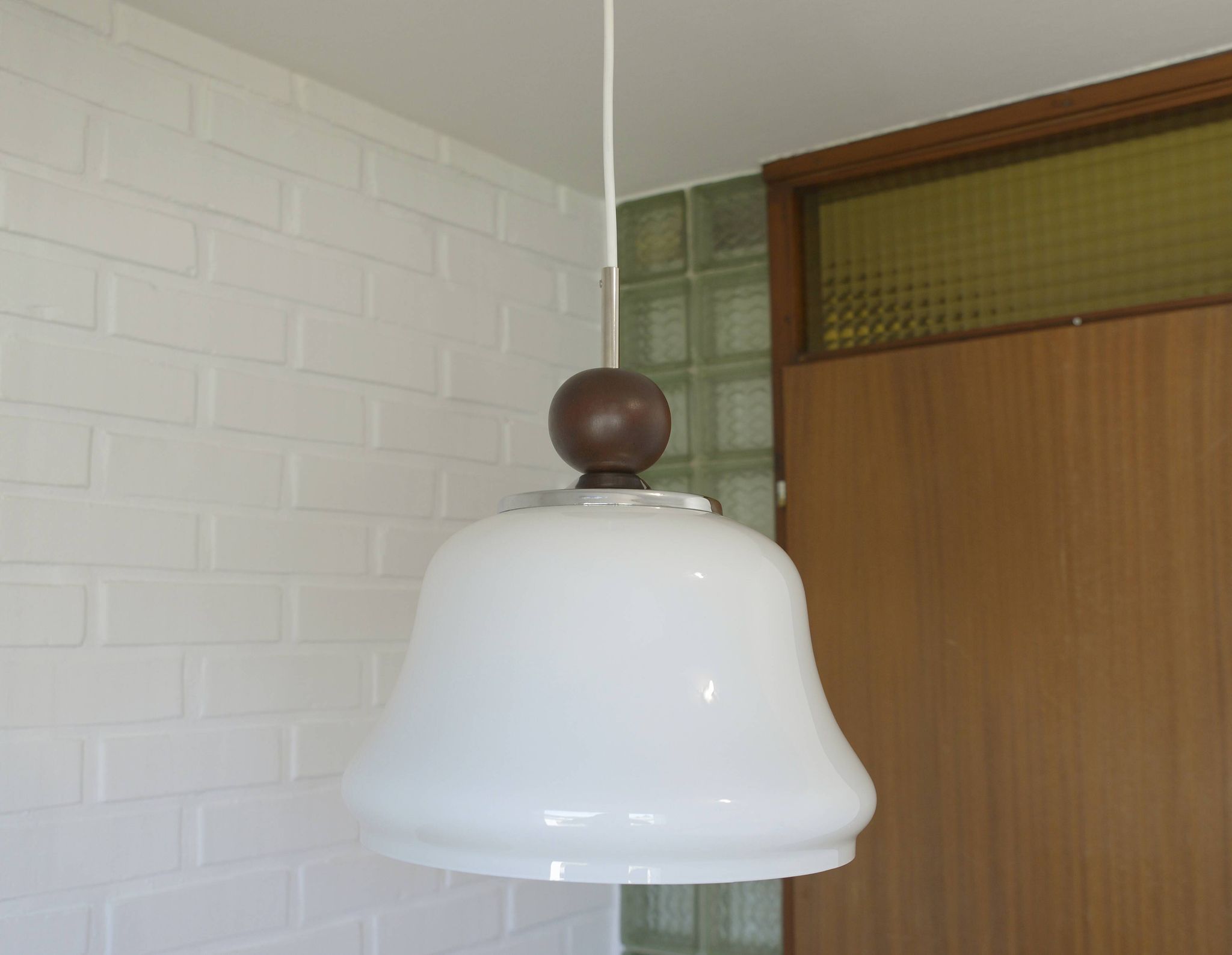 1 of 2 vintage white glass pendant light MCM hanging lamp Yugoslavia 1970's